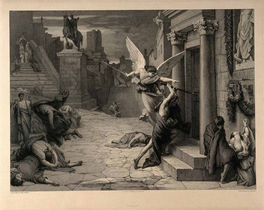 El ángel de la muerte golpeando una puerta durante la plaga de Roma; grabado por Levasseur después de Jules-Elie Delaunay