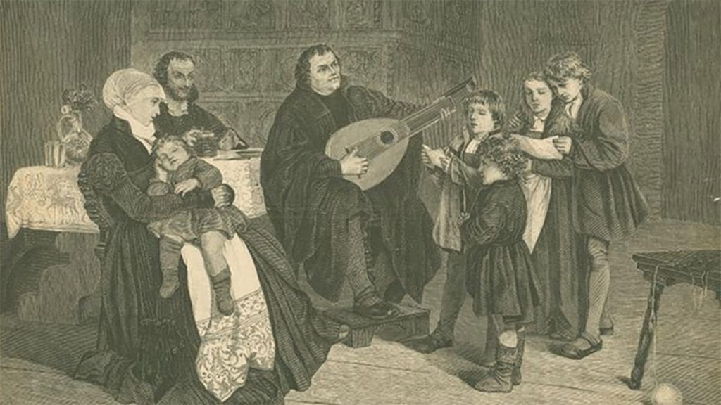 Representación de la familia Lutero acompañados de Philipp Melanchthon