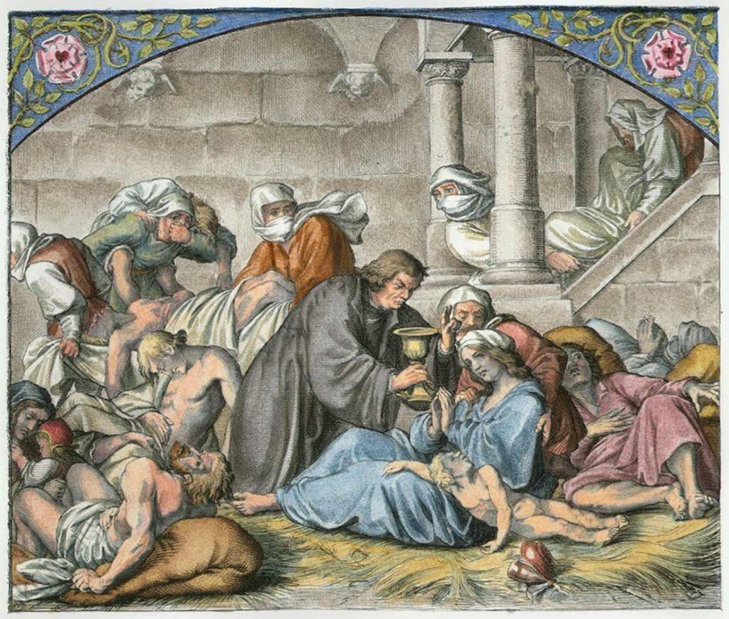 Representación de Martín Lutero atendiendo a los ciudadanos de Wittenberg durante la peste