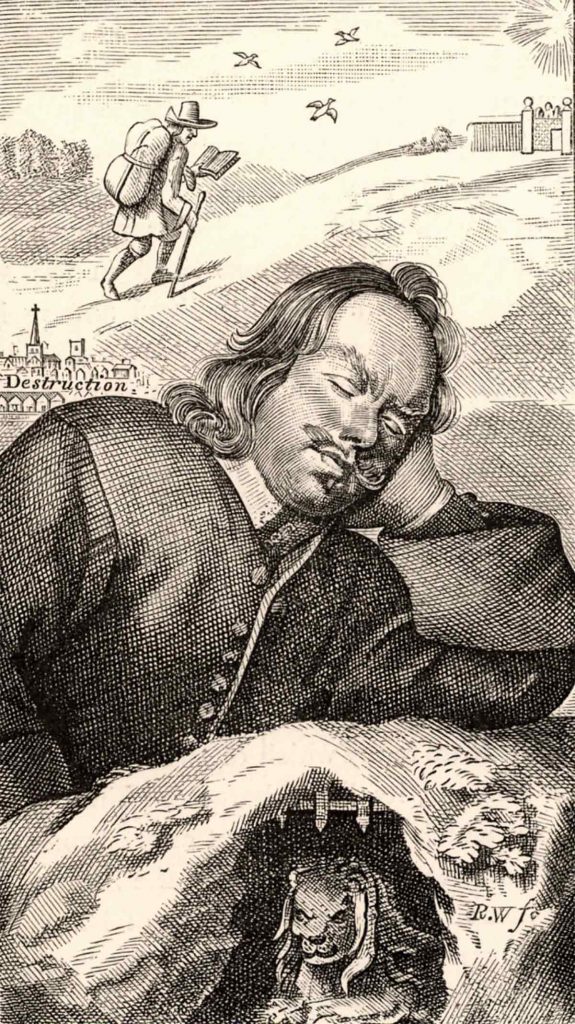 John Bunyan soñando con El progreso del peregrino, ilustración del siglo XVII
