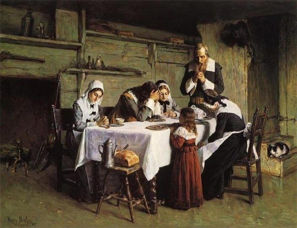 Representación de una familia puritana tradicional