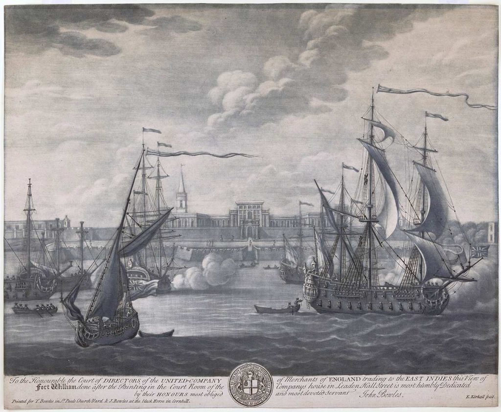 Grabado de Fort William, Calcuta, la capital de la Presidencia de Bengala en la India británica de 1735