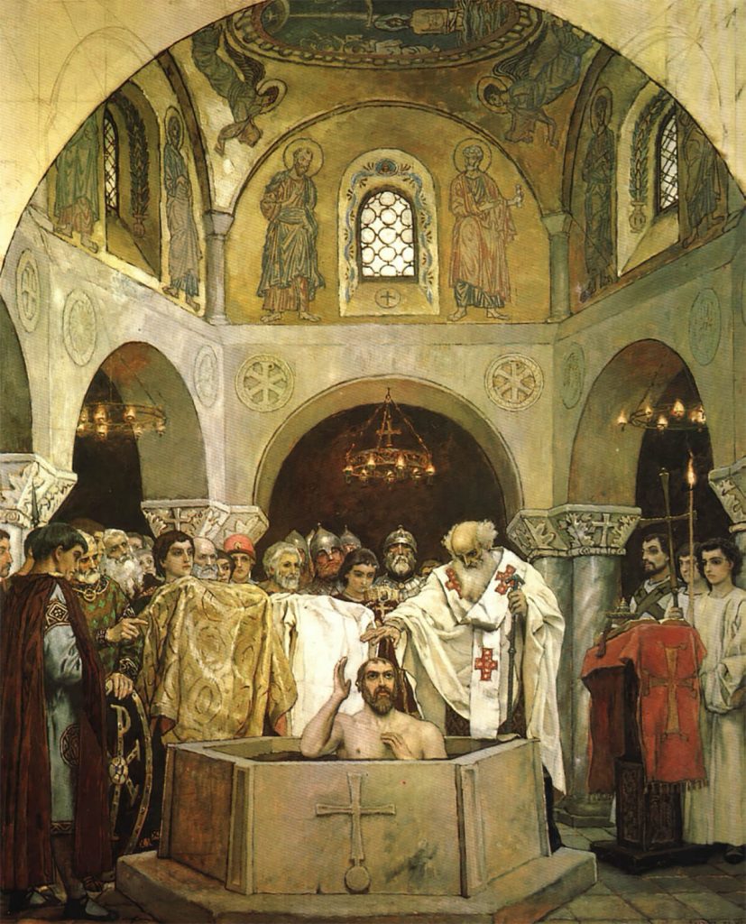 Representación moderna del bautismo de Vladimir I de Kiev.