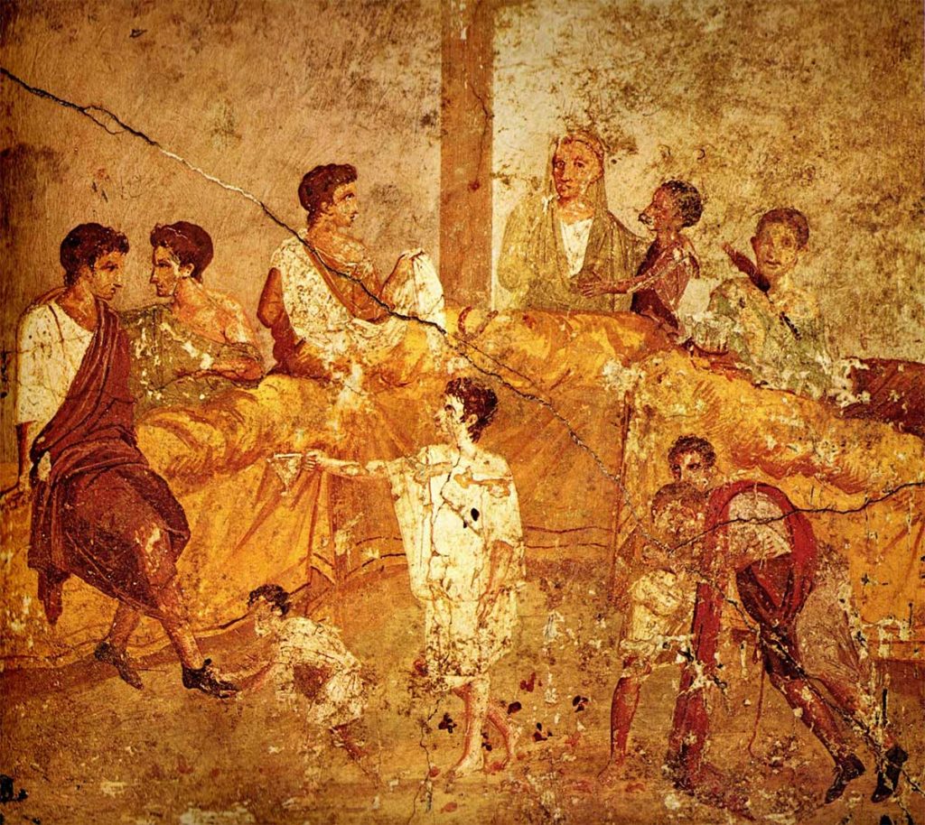 Escena de una cena en Pompeya en el Museo Arcaeologico Nazionale, Nápoles.