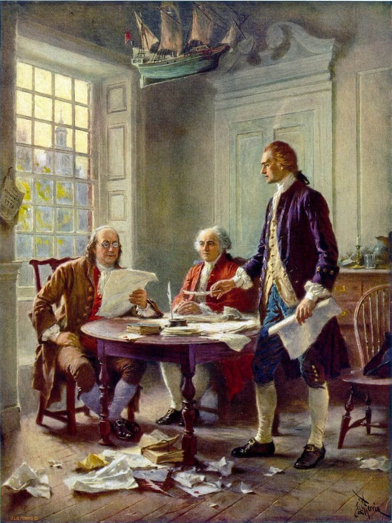 Franklin, Adams y Jefferson trabajando en la Declaración independencia.
