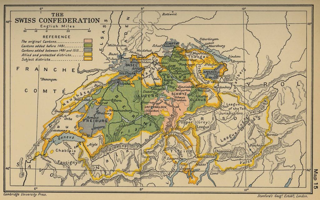 Mapa de la división de territorio suizo en la época de Zwinglio.