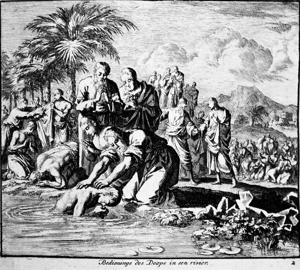 Imagen de la biblioteca histórica de Menno Simons que representa un bautismo en un río.