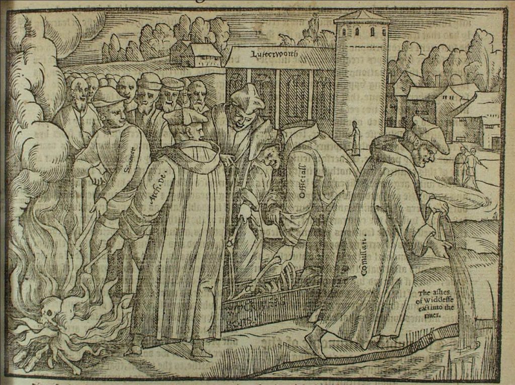 Quema de los huesos de Juan Wycliffe, ilustración del Libro de los mártires de Foxe (1563)