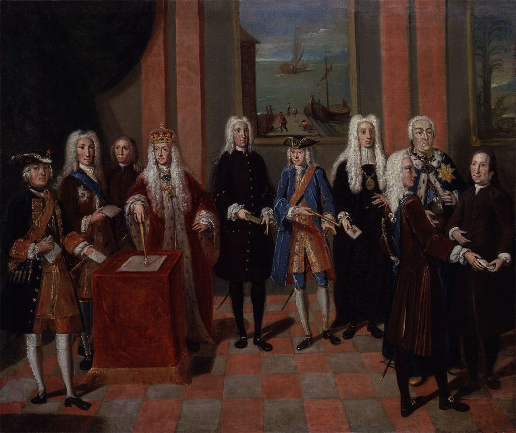Retrato de un grupo de miembros de la Iglesia Morava con el rey Jorge II de Gran Bretaña.
