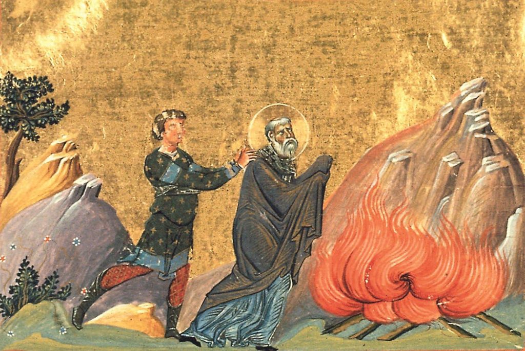 Representación medieval de Policarpo siendo lanzado a las llamas.