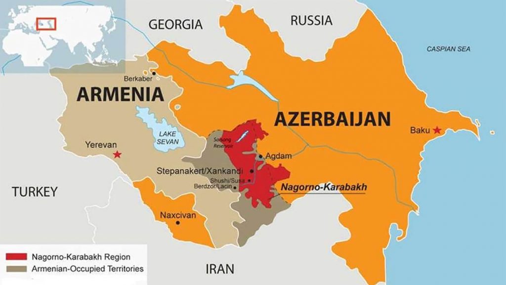La zona de Nagorno Karabaj coloreada en de color rojo.