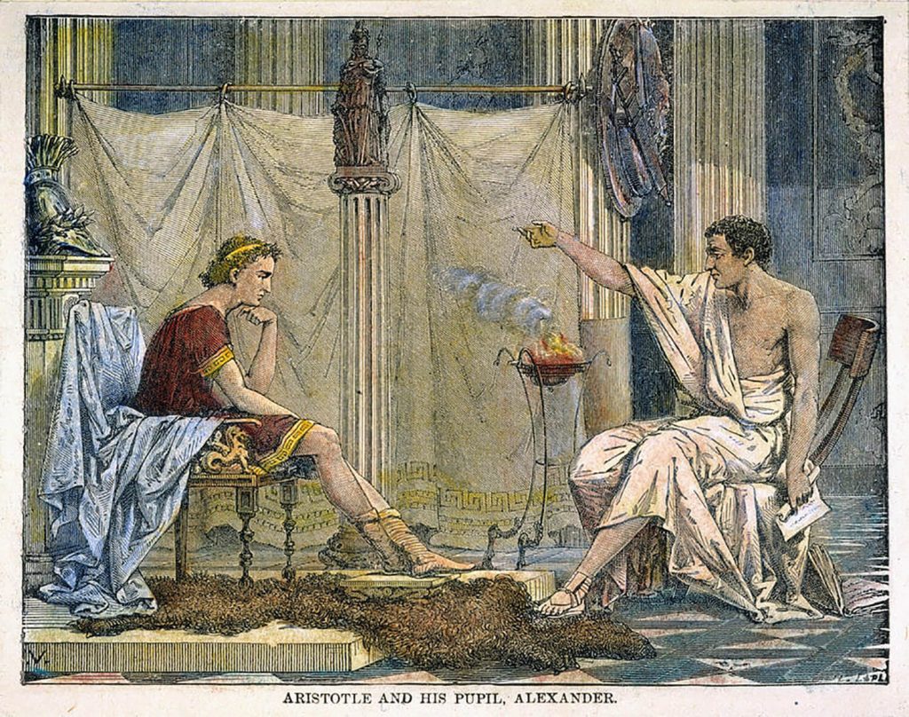 Ilustración que muestra a Alejandro Magno recibiendo instrucción de Aristóteles.