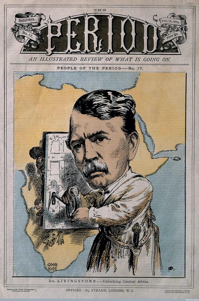 Ilustración de Livingstone con una llave abriendo la puerta del continente africano.