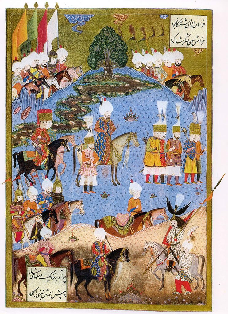 Miniatura con poemas en persa escritos en dos esquinas: Suleiman el magnífico marchando con el ejército en Nakhichevan en el verano de 1554.