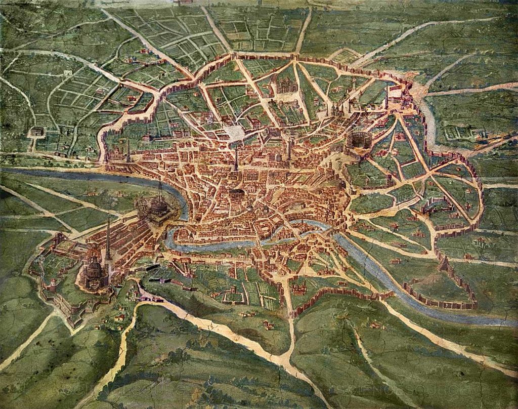 Pintura que muestra una panorámica de la ciudad de Roma en el siglo XVI.