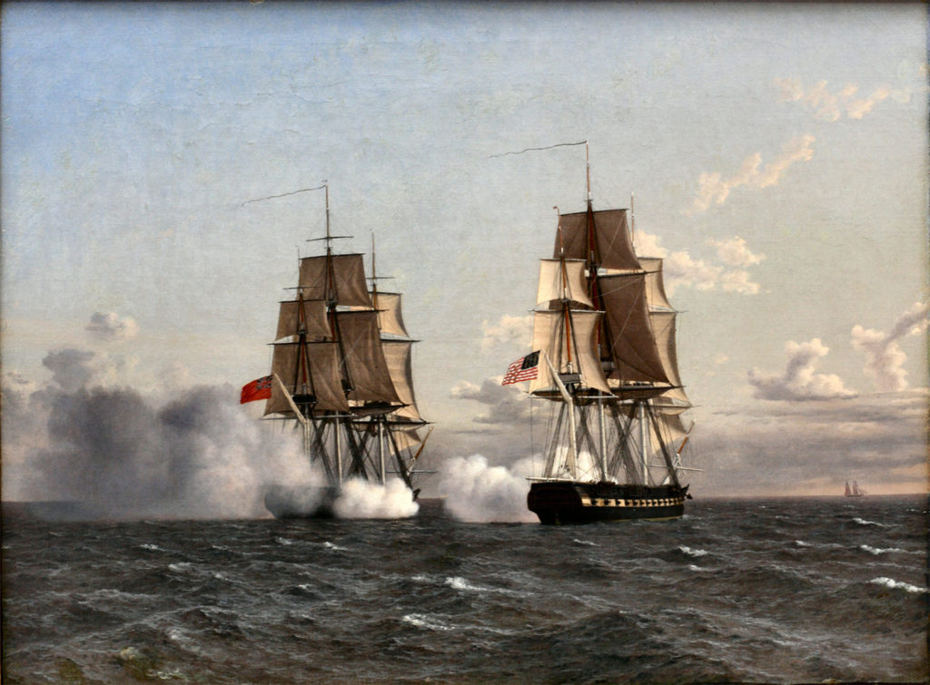 Barco de la Armada Real Británica y un barco estadounidense en una representación de la primera mitad del siglo 19.