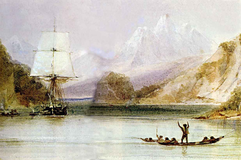 Acuarela que representa Tierra del Fuego a mediados del siglo 19.