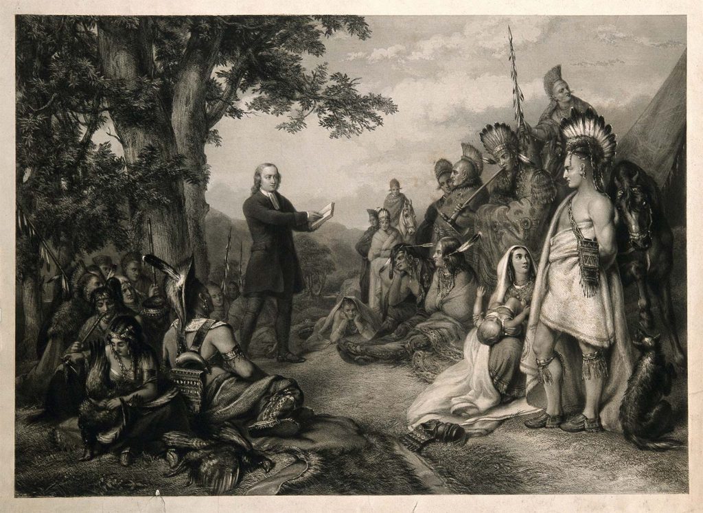 Representación de John Wesley durante su viaje a América.