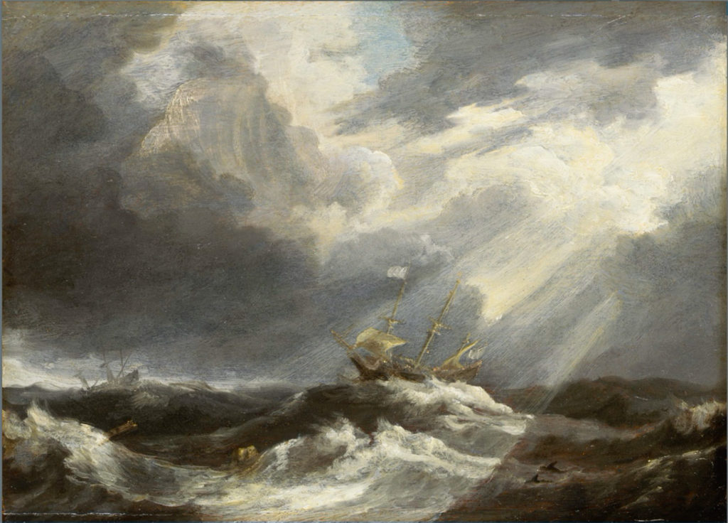 Representación de un barco de la época en medio de una tormenta.
