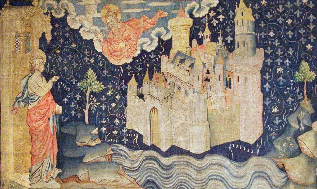 Juan observa el descenso de la Nueva Jerusalén de Dios. Representación en un tapiz del siglo XIV.