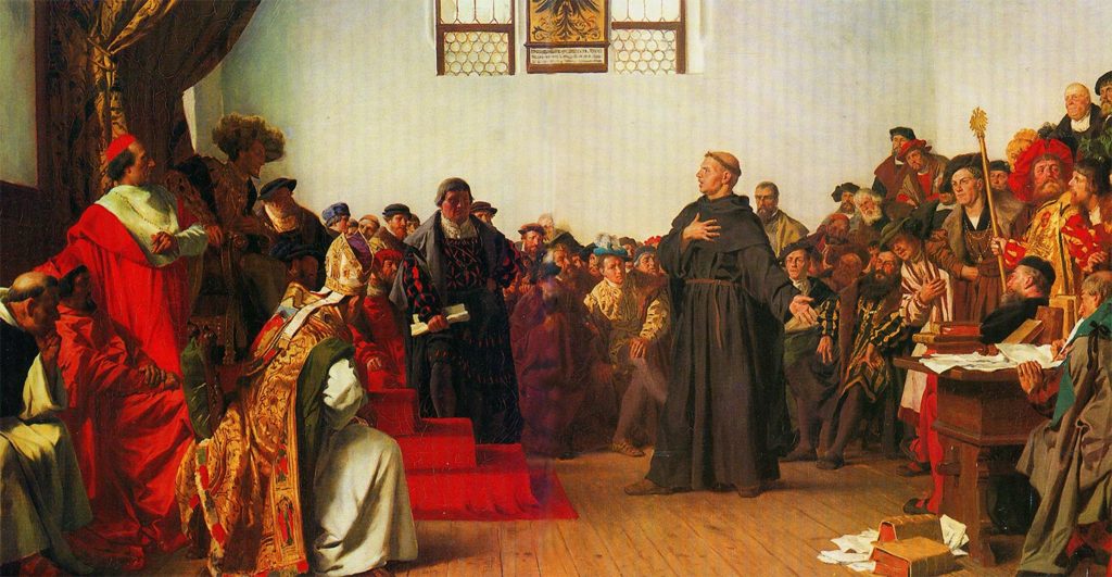 Lutero defendiendo sus puntos de vista ante de la Dieta de Worms.