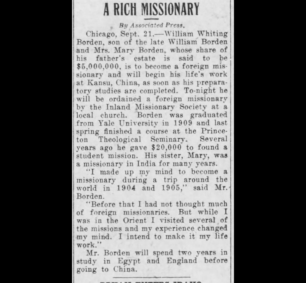 Nota de un periódico de la época que habla sobre William Borden.