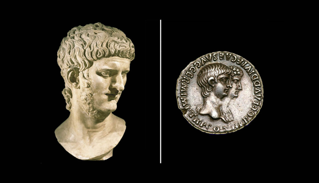 Busto del emperador Nerón con moneda de Nerón y Agripina