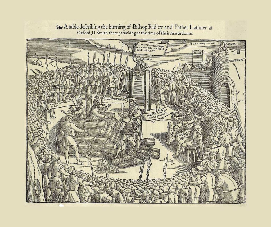 Vista detallada de una ilustración en xilografía del martirio de Latimer y Ridley en el Libro de los mártires de 1563 de John Foxe.