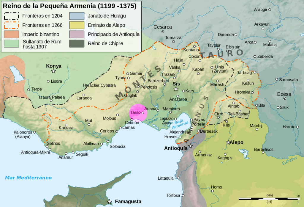 Ubicación de Tarso en un mapa de los imperios del siglo 12 al 14.
