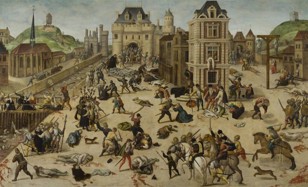 Representación de la matanza de San Bartolomé según François Dubois. Esta pintura está exhibida en el Museo Cantonal de Bellas Artes de Lausana.
