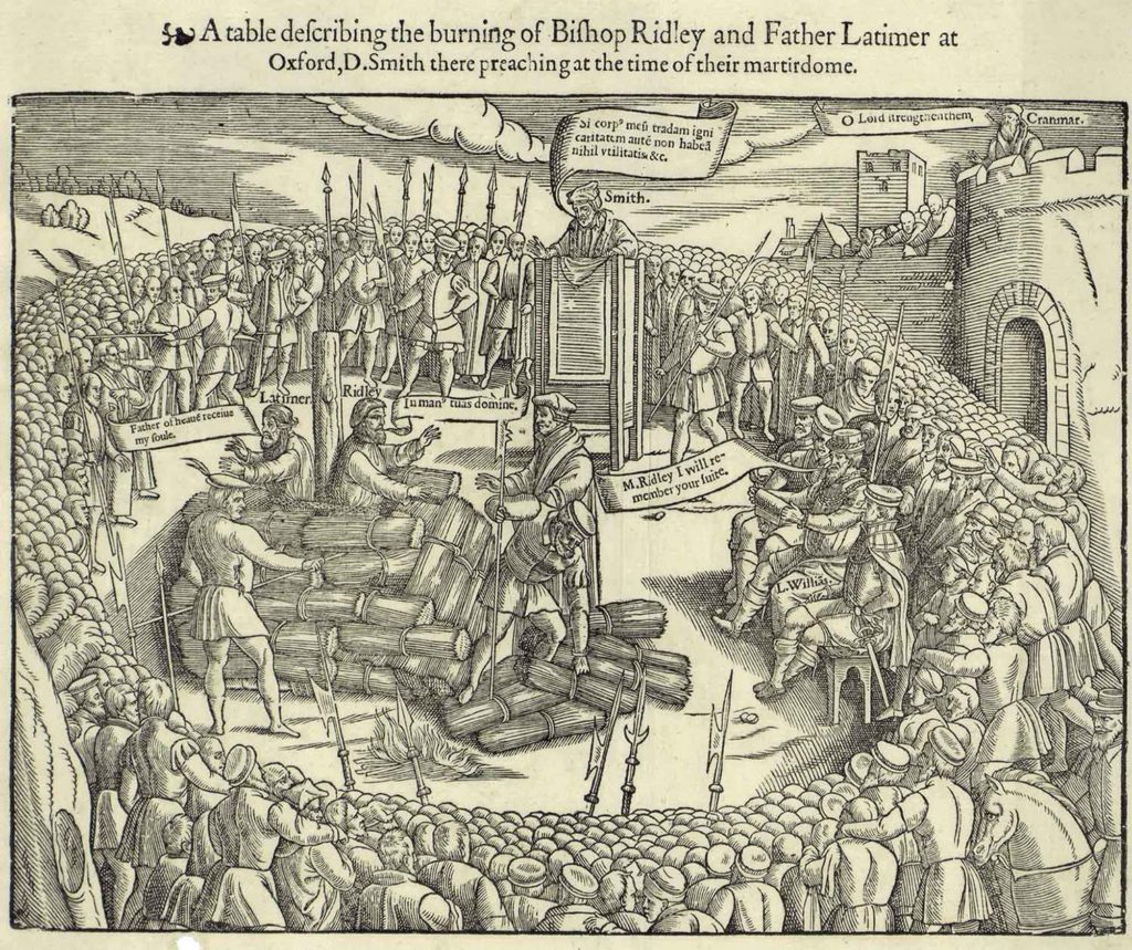 Quema de Latimer y Ridley, del libro de John Foxe (1563)