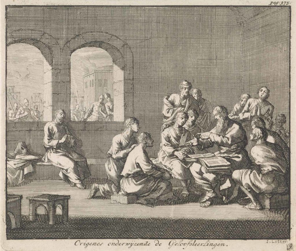 Ilustración neerlandesa de Jan Luyken (1700), que muestra a Orígenes enseñando a sus estudiantes.