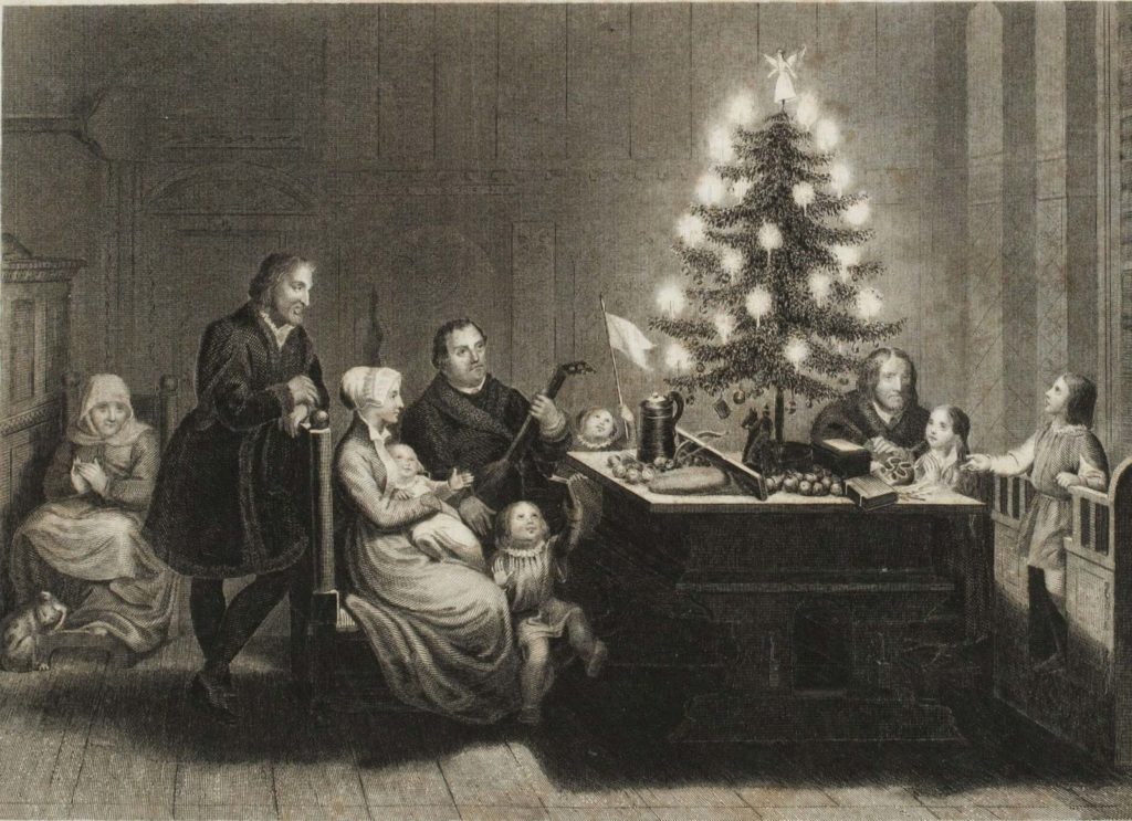 Imagen que muestra a Martín Lutero, a su familia y a algunos allegados junto a un Árbol de Navidad.