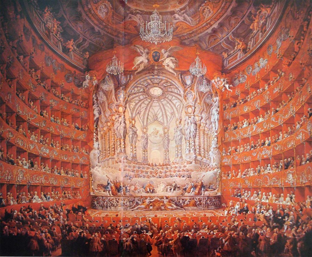 Representación de una presentación de una ópera barroca de la época.