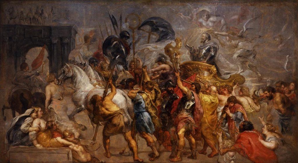 Rubens, Entrada triunfal de Enrique IV en París. El niño Enrique sería un defensor de los protestantes franceses y lucharía en el bando hugonote.  