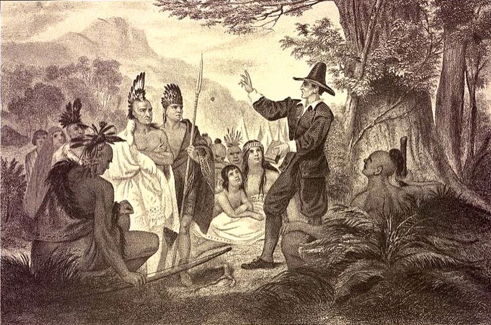 Ilustración de John Eliot enseñando a los indígenas.