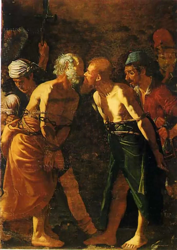 Despedida de los apóstoles Pedro y Pablo, mostrando a los Apóstoles dándose el beso santo antes de su martirio. 