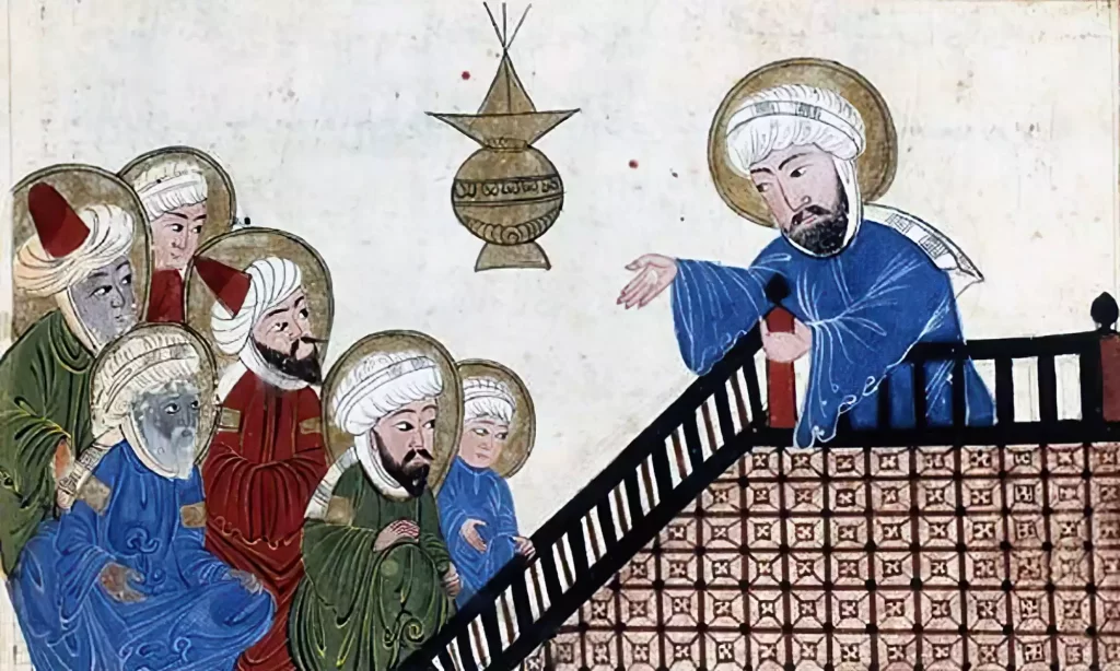 Ilustración del siglo xv que representa a Mahoma predicando El Corán en La Meca