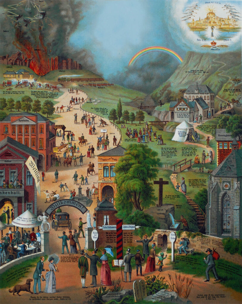 El camino ancho y estrecho, una pintura pietista alemana popular, 1866.